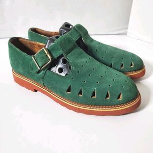 Vintage ESPRIT Mary Janes Size 8 Green Suede Loafers Buckle Strap 90s Womens